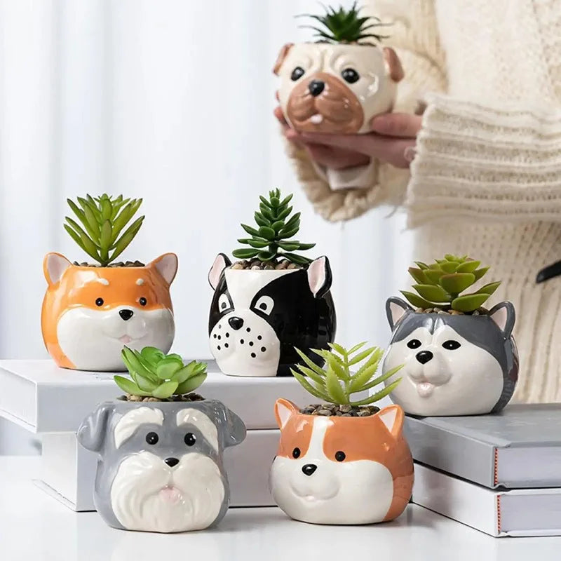 Cartoon dog series ceramic succulent planters in several breeds