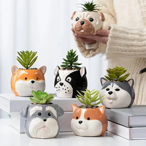 Cartoon dog series ceramic succulent planters in several breeds