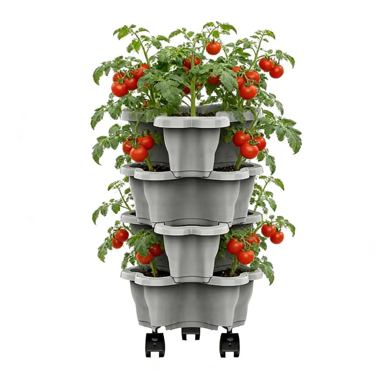 Stackable planter tower growing cherry tomatoes