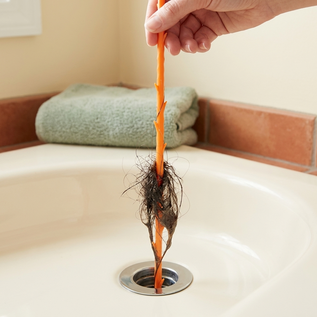 Pulling a hair clog out of a bathtub drain with the Ezzily drain snake