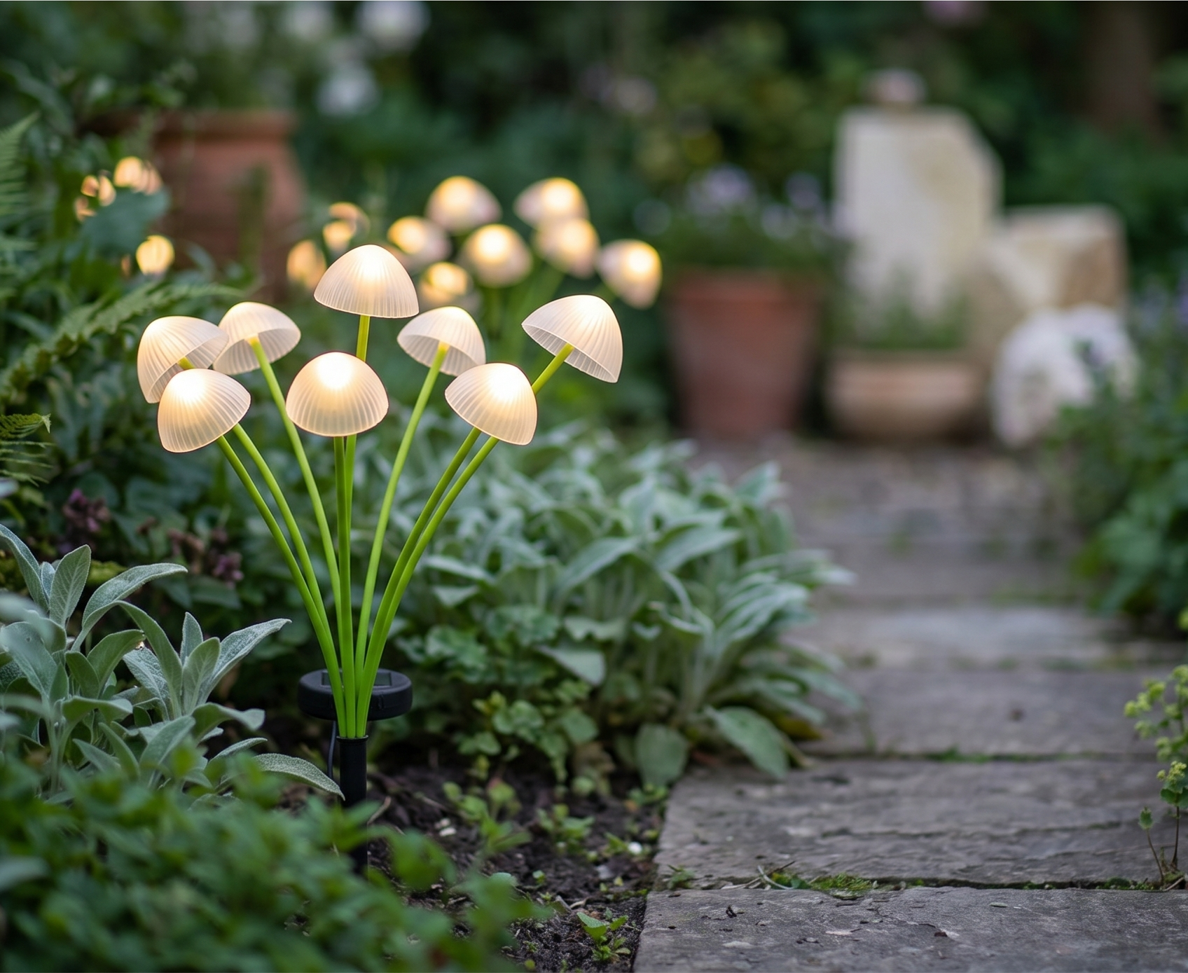Solar mushroom garden lights glowing along a stone garden path at dusk