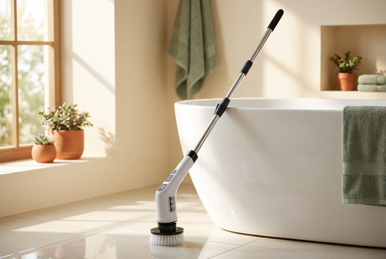 Cordless electric spin scrubber with extendable pole and round brush head leaning against a white freestanding bathtub in a sunlit bathroom
