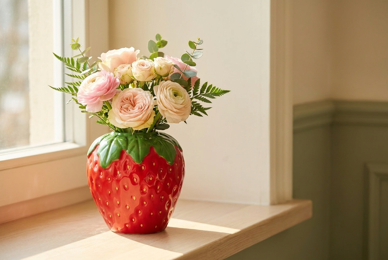 Red strawberry-shaped vase holding a soft pink and cream bouquet on a sunlit windowsill
