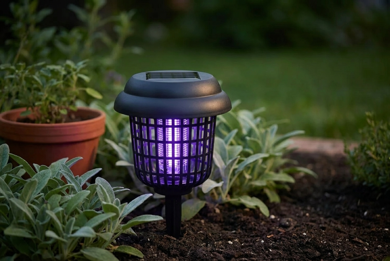 Solar bug zapper lantern glowing purple in a garden border at dusk