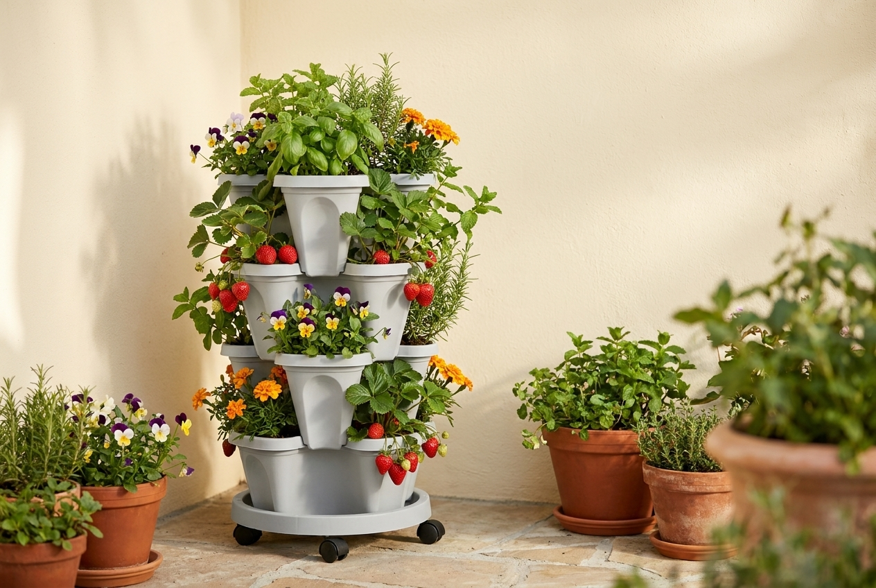 Gray stackable planter tower of strawberries and herbs on a sunny patio