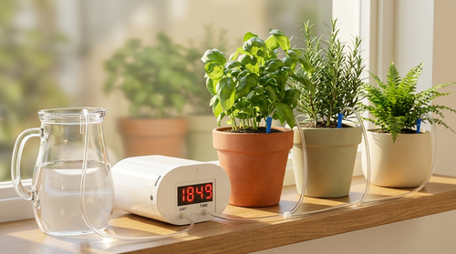 Automatic plant watering pump and timer on a sunlit windowsill drip-watering potted herbs