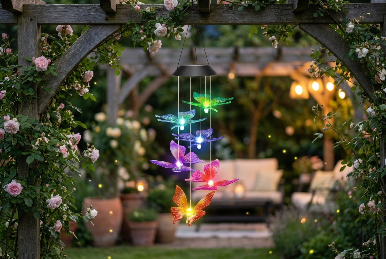 Color-changing solar wind chime light glowing with translucent butterflies, hanging from a rose-covered garden pergola at dusk