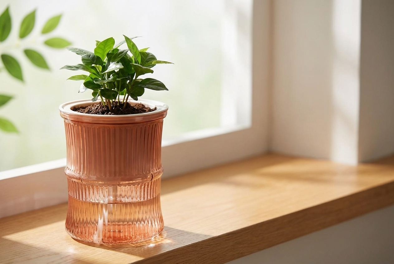 Terracotta self-watering flower pot with a healthy green plant on a sunlit windowsill, water visible in the clear lower reservoir