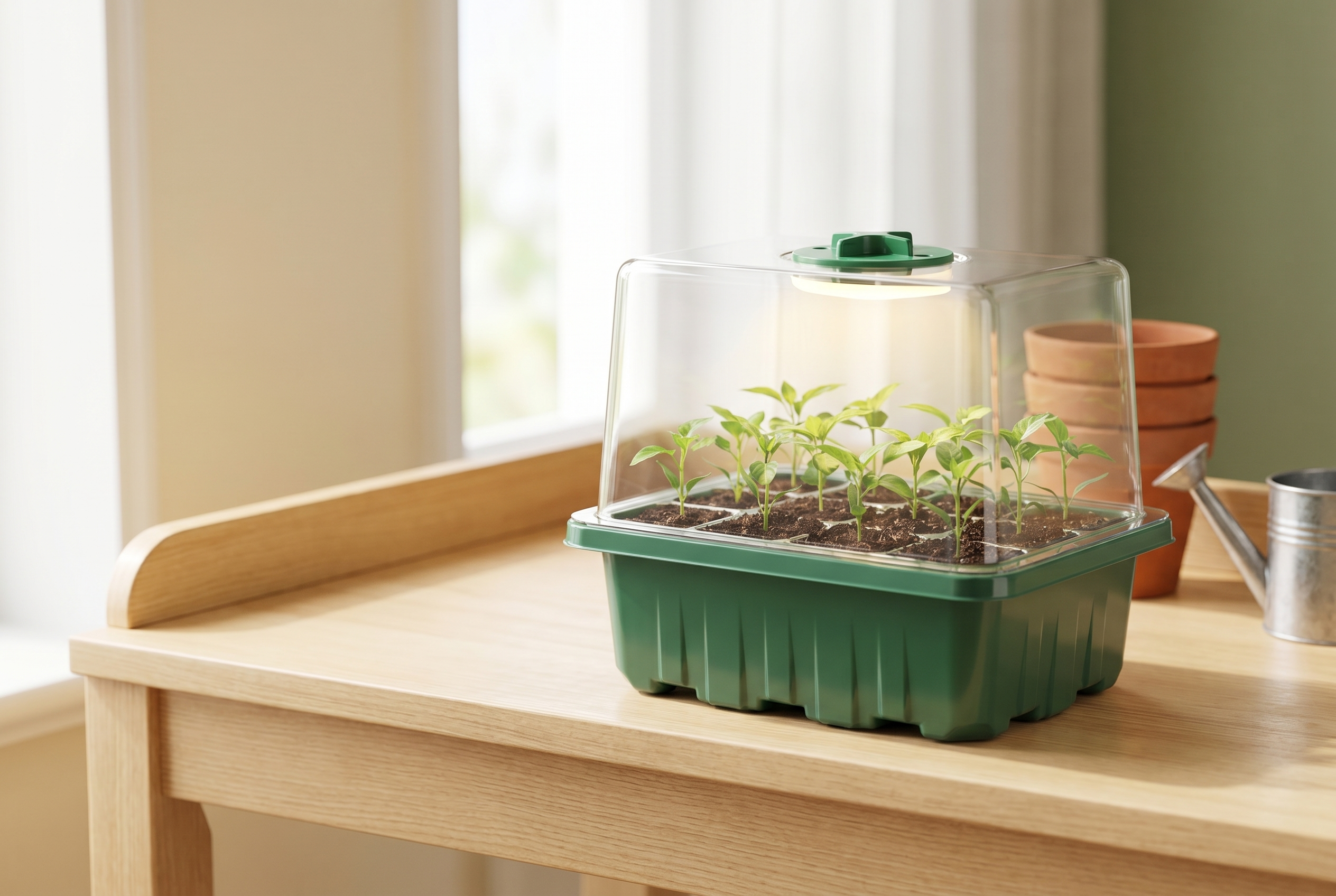 Ezzily seed starter kit with clear humidity dome and LED grow light on a sunny potting bench