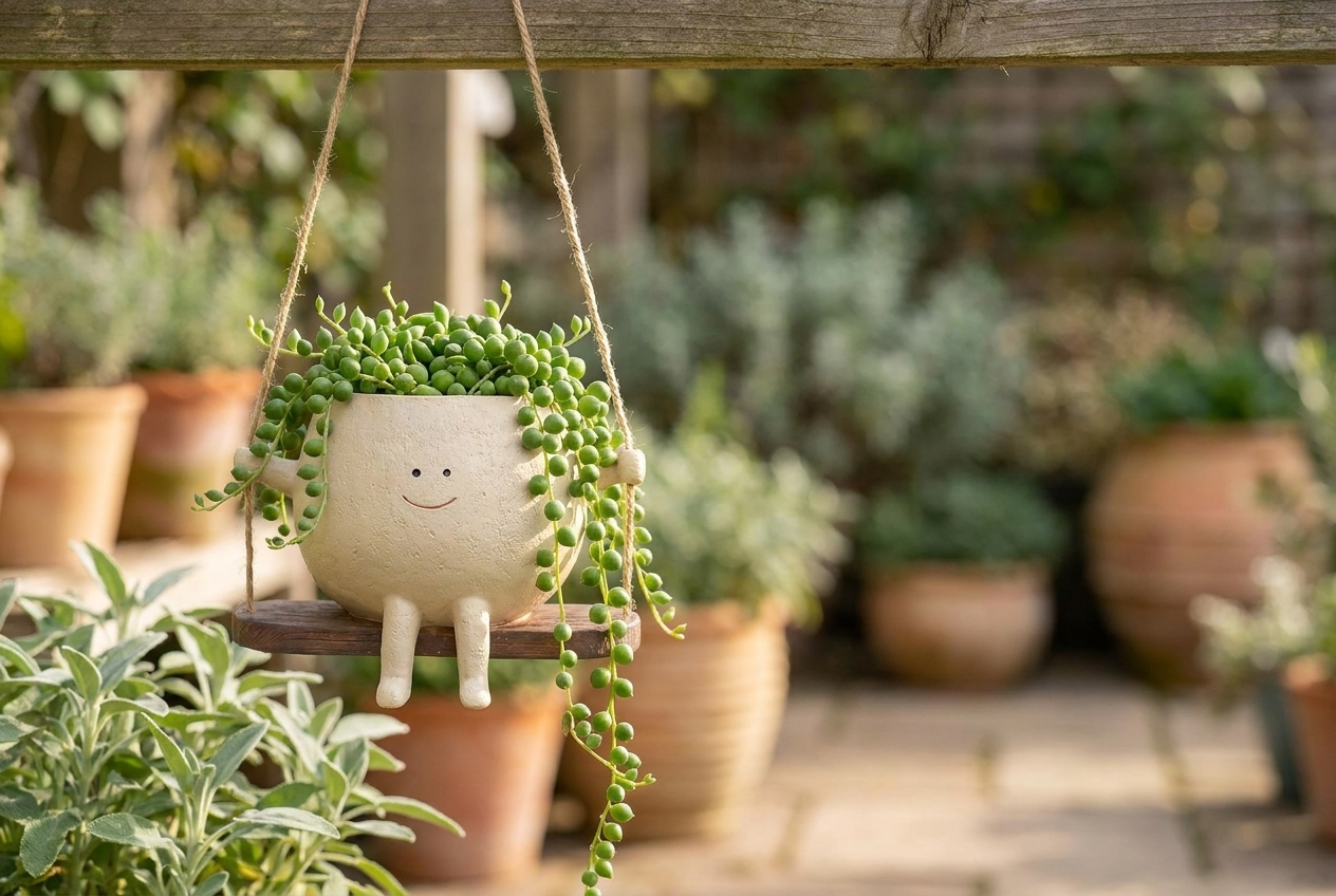 Cream smiling face planter on a wooden swing with trailing succulents, hanging on a sunlit garden patio