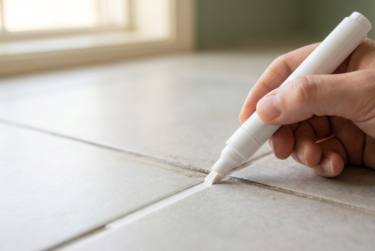 Hand using a white grout pen to draw a bright, even white line along tile grout
