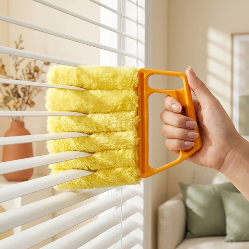 Hand sliding the yellow 7-finger microfiber duster between white venetian blind slats