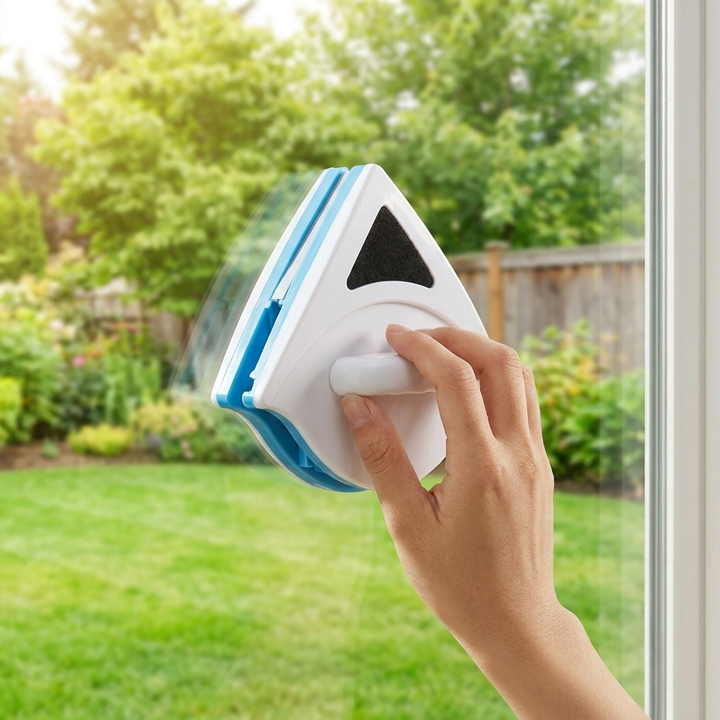 Hand holding the double-sided magnetic window cleaner on glass, view looking out to a sunny backyard