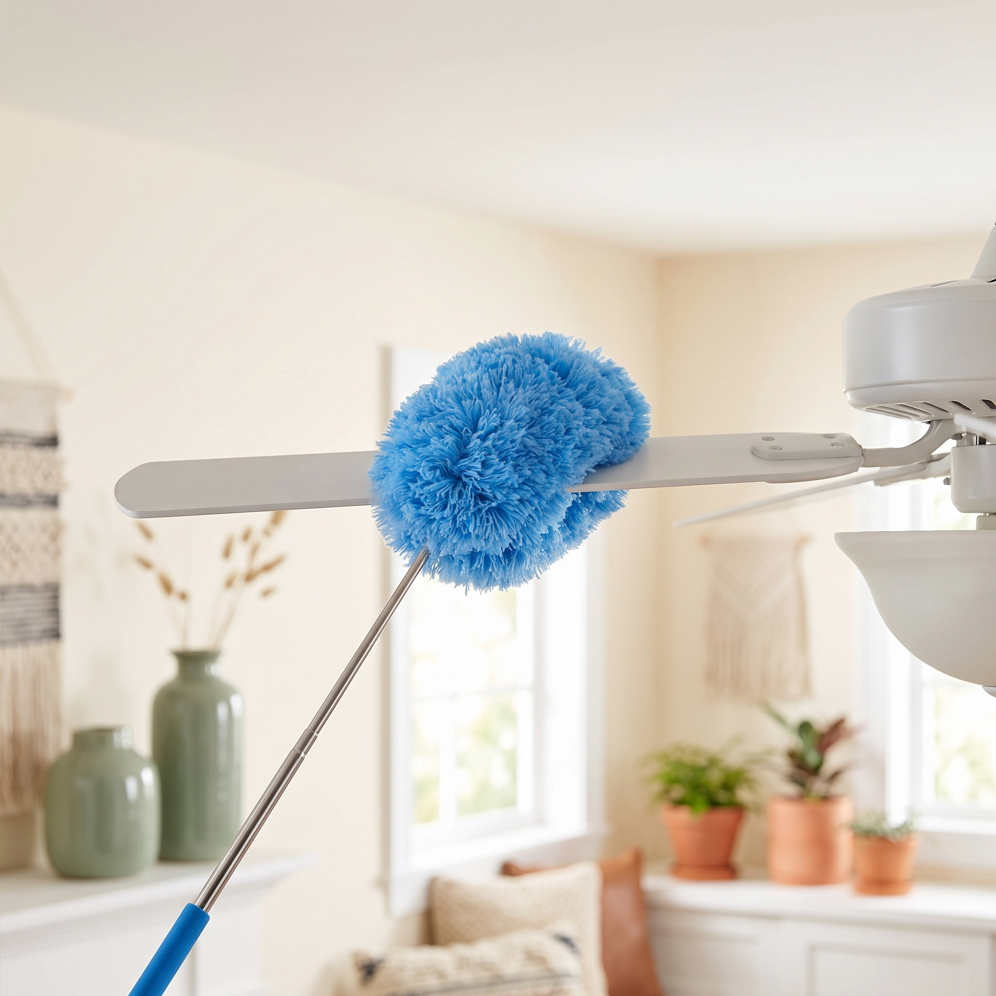 Blue microfiber duster head wrapping the top of a white ceiling fan blade