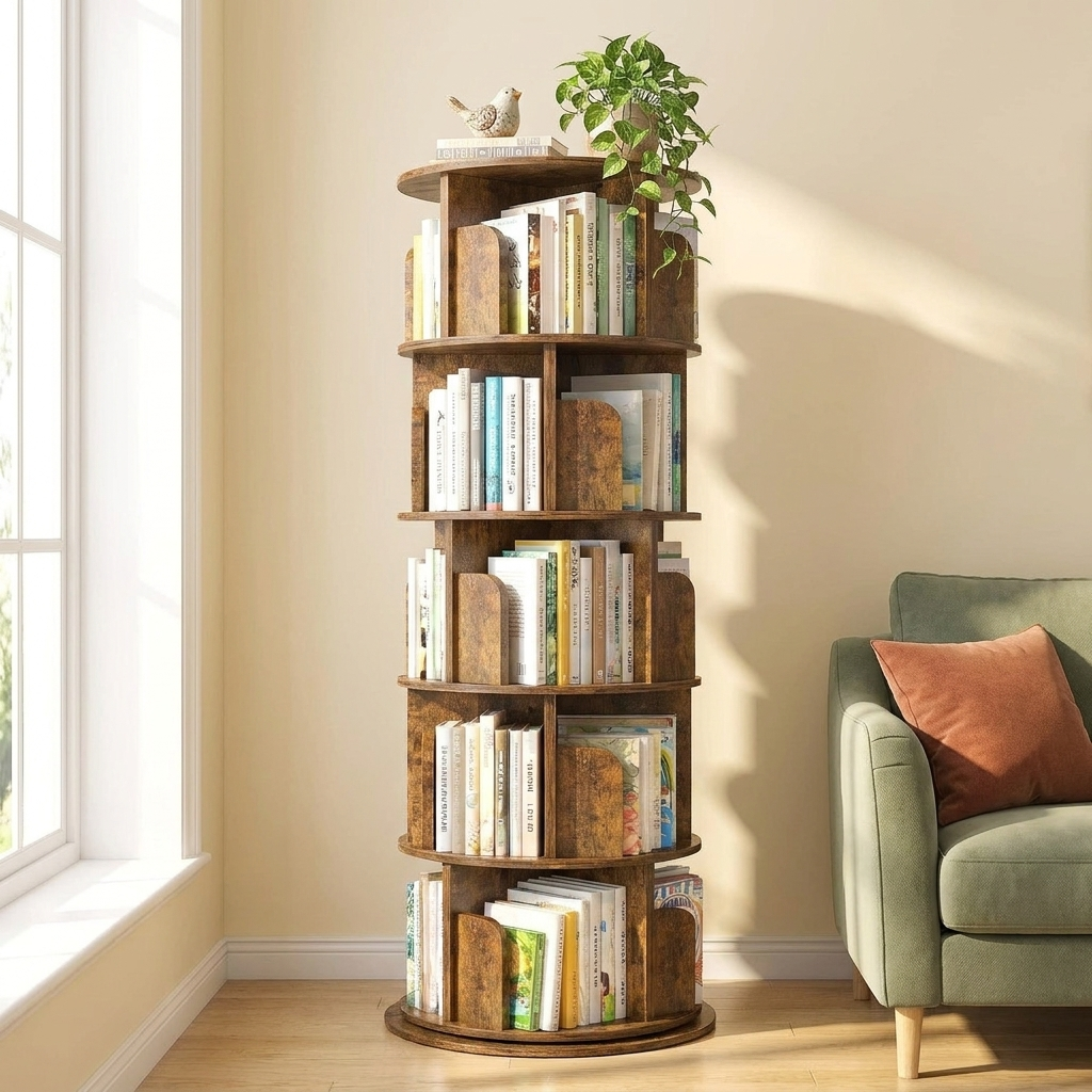 Rustic brown 5-tier rotating bookshelf tower filled with books in a sunlit reading corner