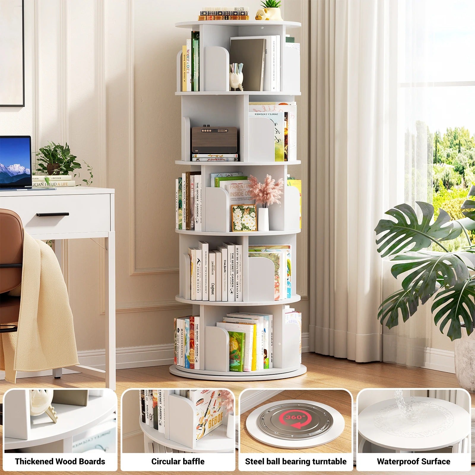 360° Rotating Bookshelf — 5-Tier Spinning Bookcase for Small Spaces