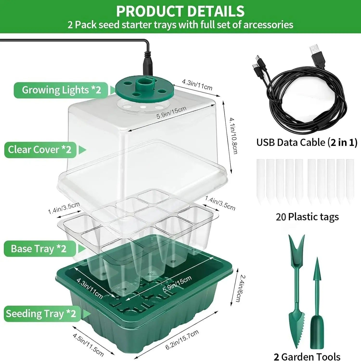 Seed Starter Kit with Grow Light & Humidity Dome (2-Pack)